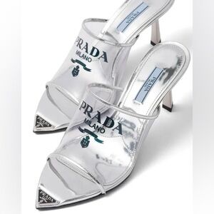 Prada Metallic silver leather logo print Pexiglas high heel slide sandals EU40.5